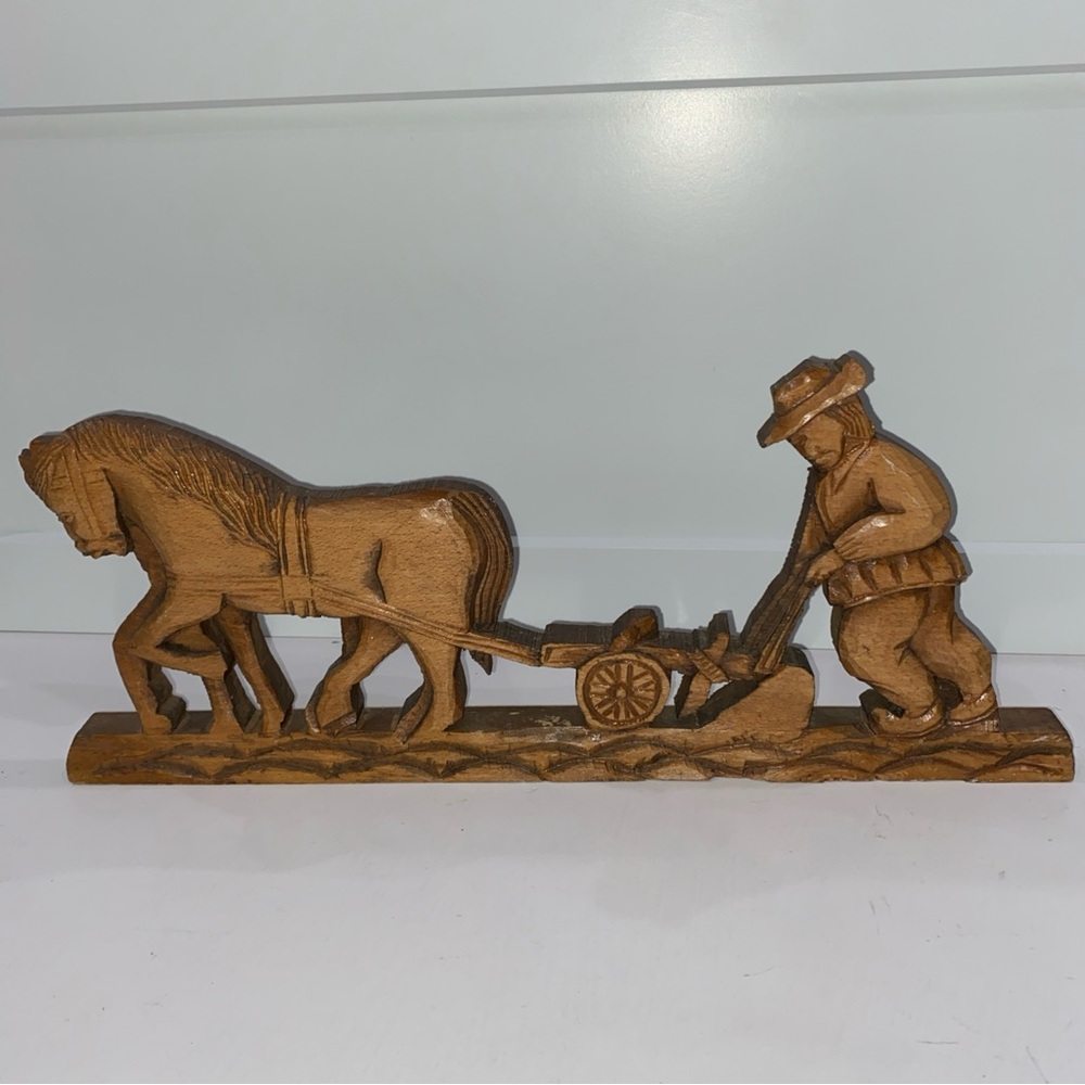 Vintage Folk Art Wood Handcarved Horses and Peasant Farmer